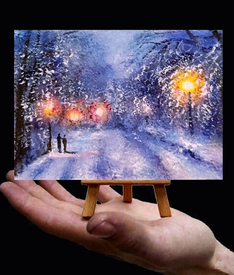 Original Snow ACEO Night Lights Winter Walk Miniature Landscape Oil painting