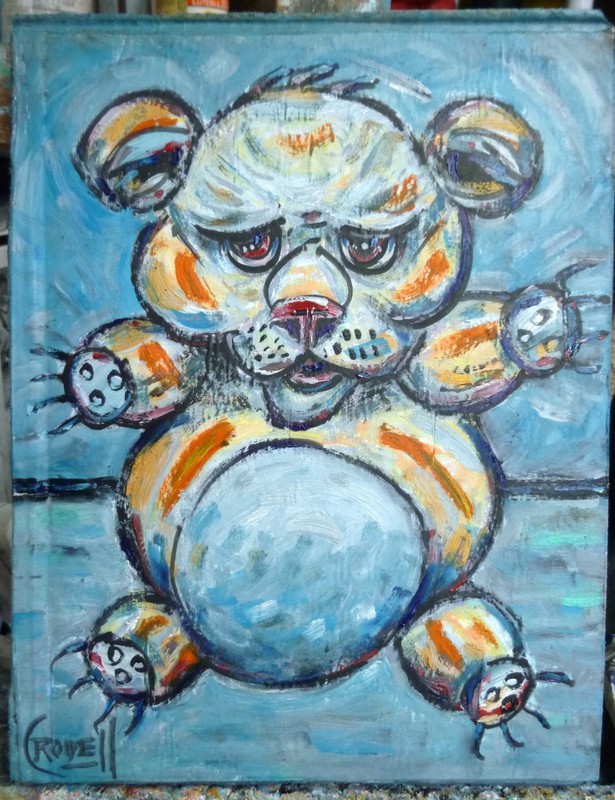 SCARY TEDDY BEAR 8×10 oil painting Card Panel original art signed Crowell