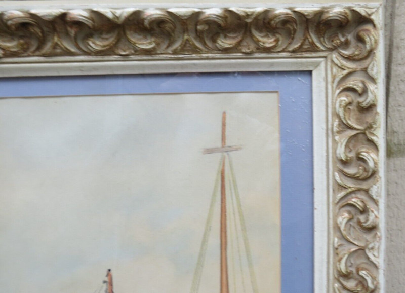 GORGEOUS ABSTRACT FRAMED WATERCOLOR PAINTING SEASCAPE FISHING PORT HARBOR gallery