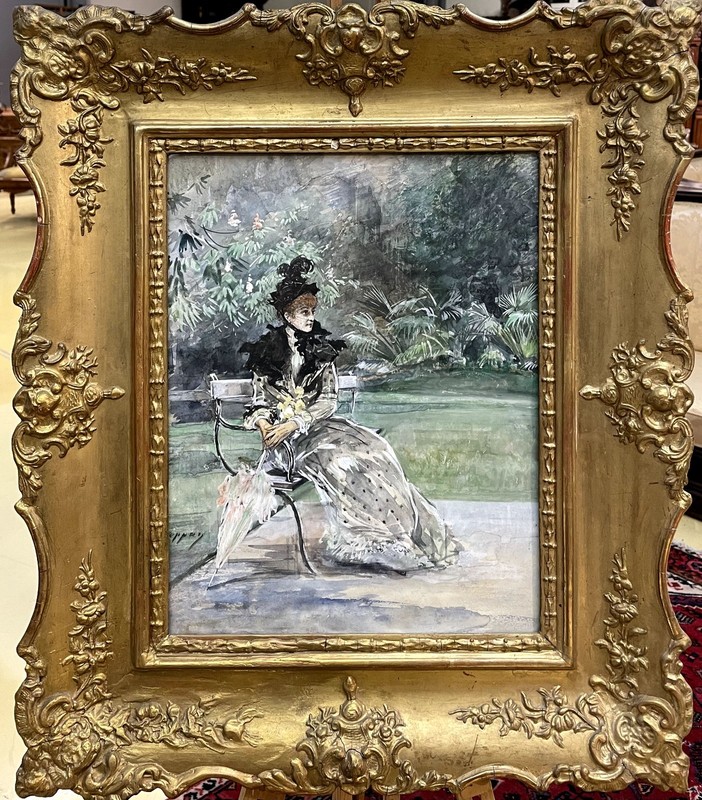 Unidentified Artist “Woman with an umbrella sitting on a bench”