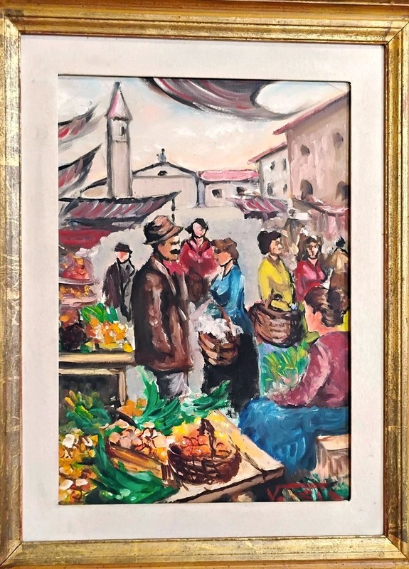Oil Painting on Canvas by Valdo Piera Original (Italy, 1973) – Mercato di Paese