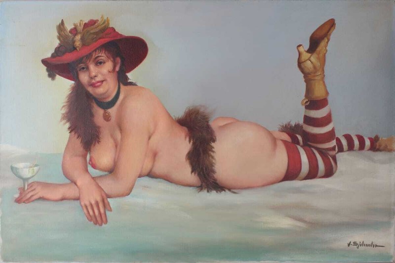 Female Nude Bar Maid Lying Down Painting Signed 61 X 91.5cm Erotica