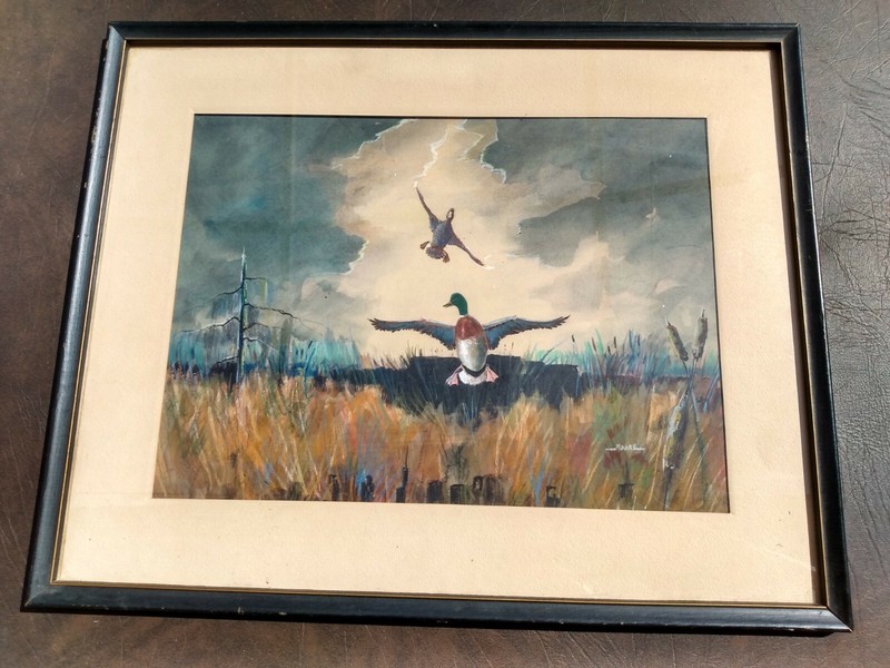 MALLARD DUCKS LANDING- ORIGINAL WATERCOLOR PAINTING -1950s- MOORE – ILLUSTRATION