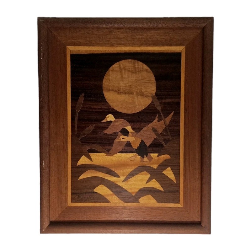 Jeffrey Nelson Hudson River Inlay Wood Marquetry Art Framed Mallard Ducks MCM
