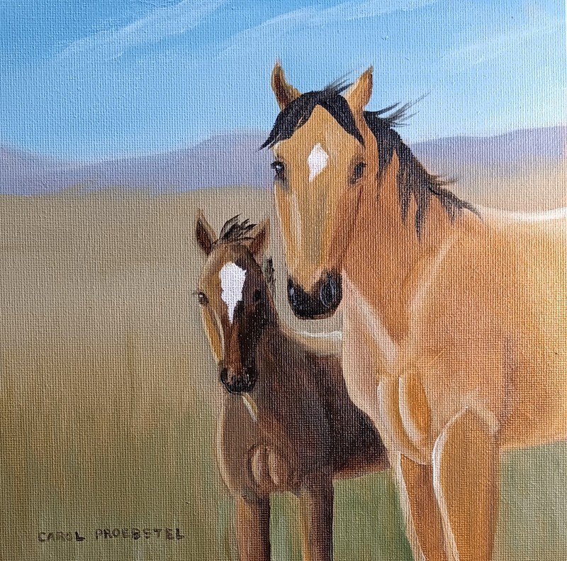 Original oil painting western horse wildlife mare and foal dun Carol Proebstel