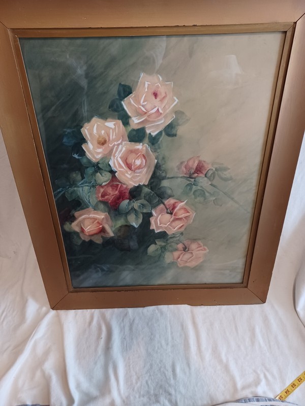 PRETTY ANTIQUE VICTORIAN PINK RED ROSES FLORAL WATERCOLOR LARGE PAINTING gallery
