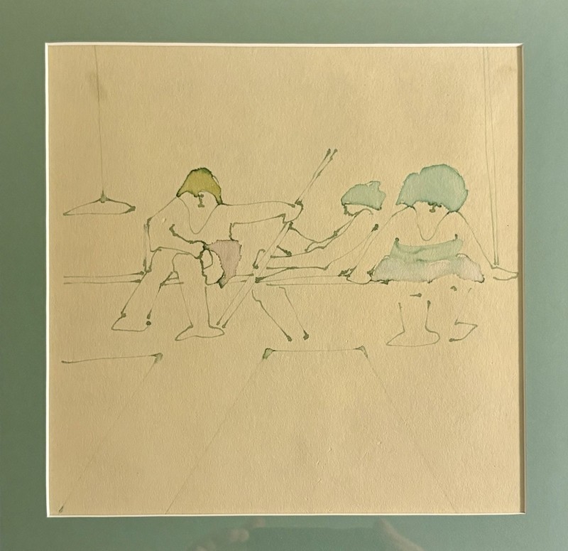 1970 Abstract Ink & Watercolor Spa Bathers by Artist Nancy Sanders, Framed