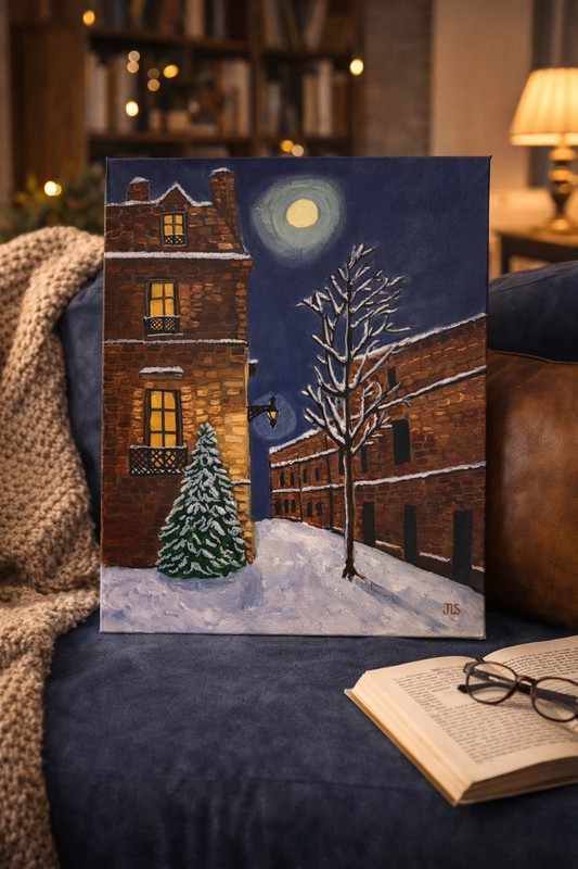 Cozy Snowy Street Painting 16×20 Winter Night Wall Art