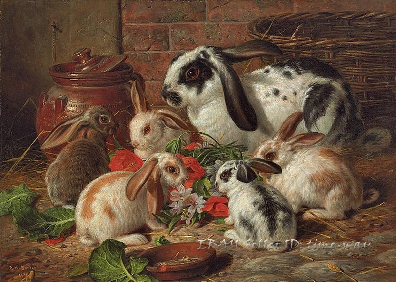 A mother Rabbit and her young Oil painting Art Giclee Printed on Canvas P2224