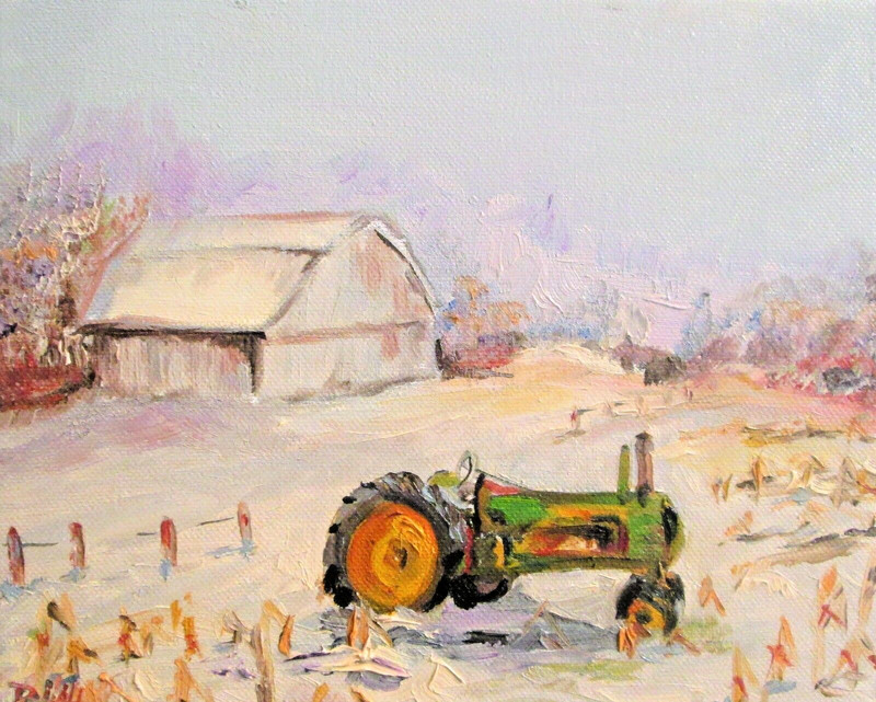 John Deere Tractor by Delilah 8×10 oil painting original farm winter corn field
