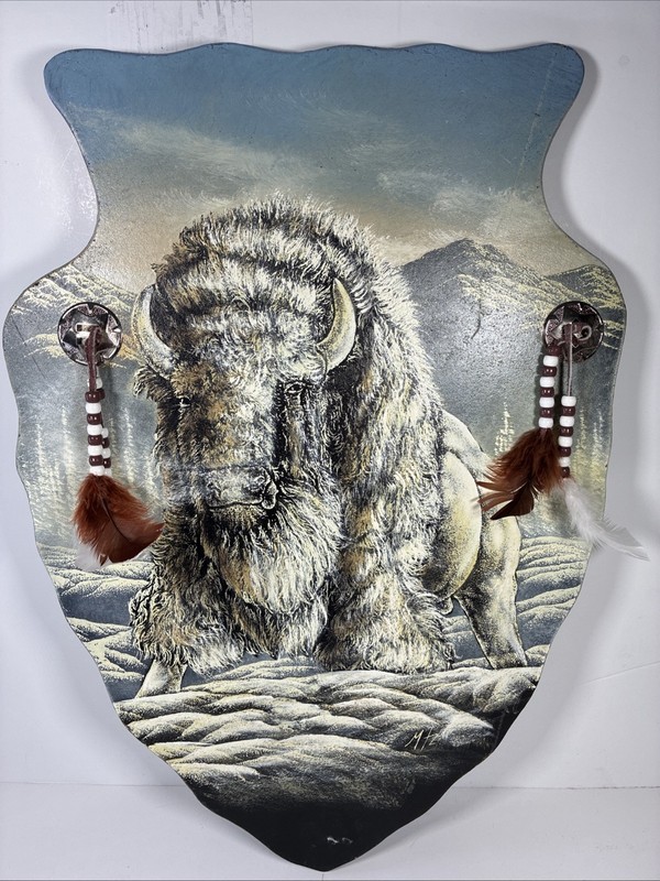 Original Buffalo Painting Unique Wood Mexico Artist Signed 21"X15" READ ALL