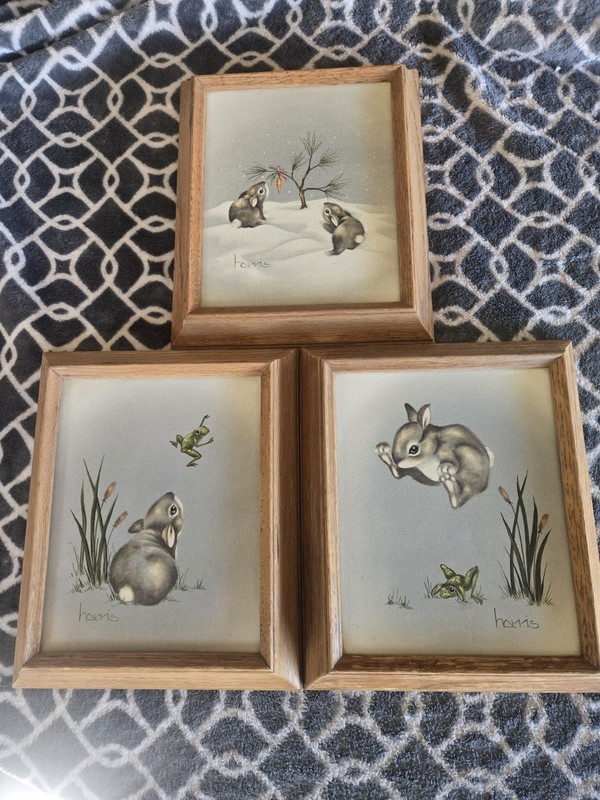 Set Of 3 Peggy Harris Rabbit Canvas Paintings