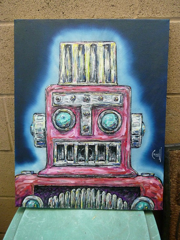 BIG RED ROB 16x20 canvas retro ROBOT mech oil painting original signed CROWELL gallery
