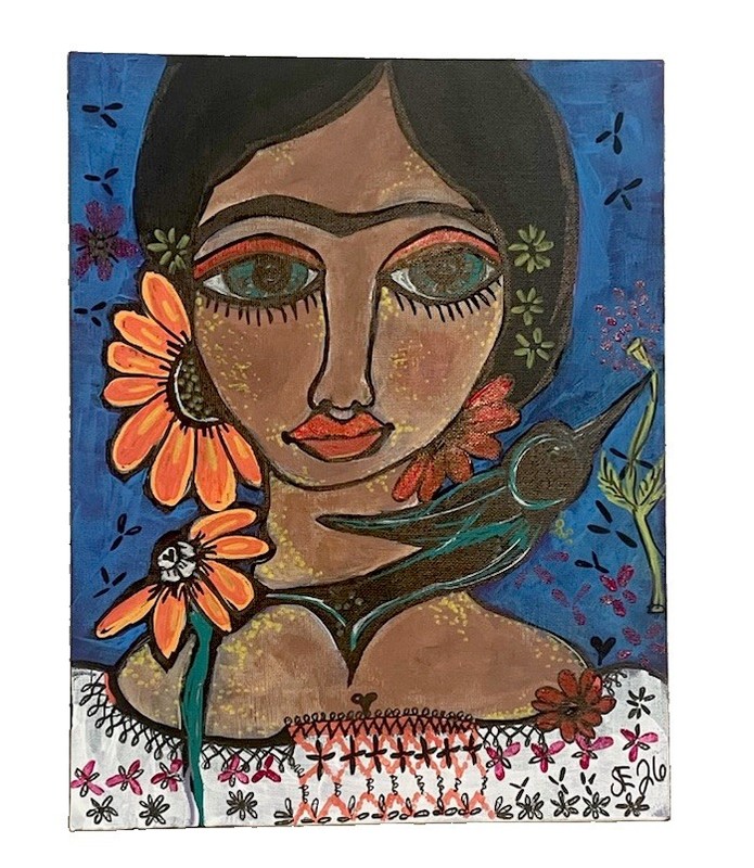 Frida Kahlo Signed and Dated Painting on Canvas, Mexican Art 14×11 Black Bird