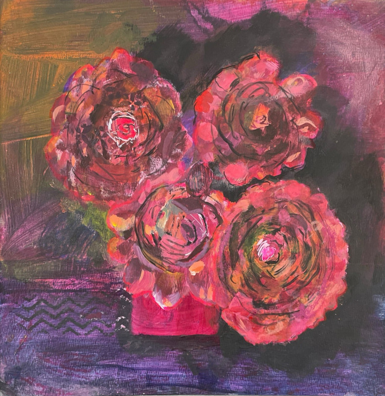 Mary Myers Original Funky Floral Painting on 12x12 140lb water color gallery