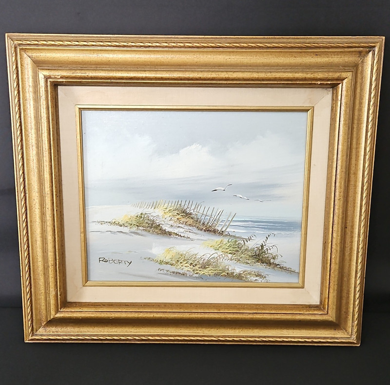 Roberty Signed Framed Realist Seascape Beach Dunes Birds Oil Canvas