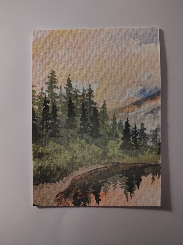 Watercolor Landscape Painting on Paper Trees Lake Nature Small Unframed