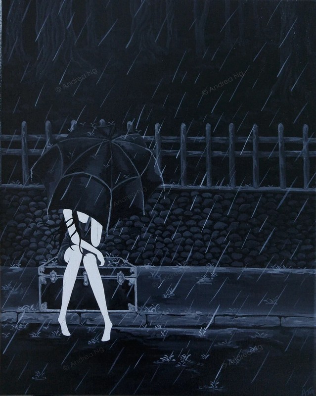 Surreal painting girl in the rain, acrylic painting on canvas, signed by artist gallery
