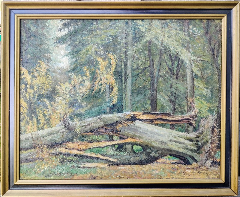 K. Dorph Hansen (XIX-XX): FOREST WITH A FALLEN TREE, original oil. Dated 1948