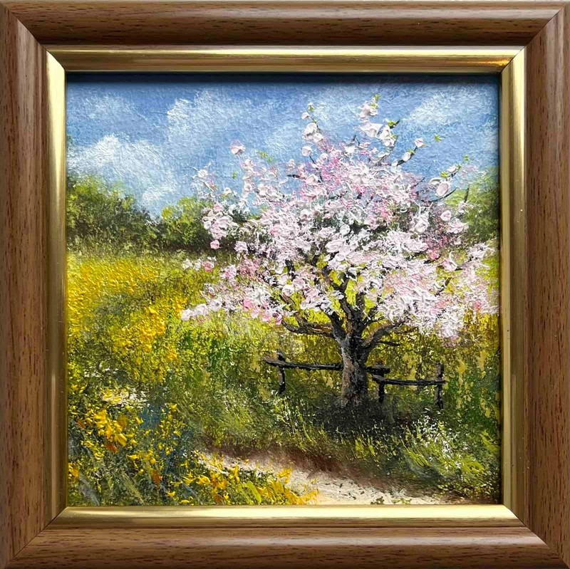Spring Oil Painting Original Country Landscape Flower Meadow Wall Art 4 × 4 in