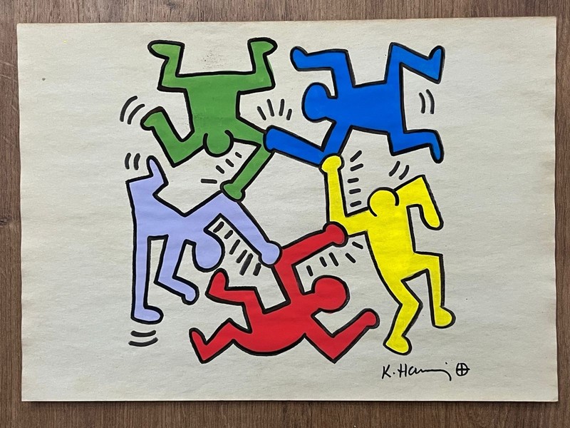 Keith Haring drawing and painting on old paper signed stamped vintage