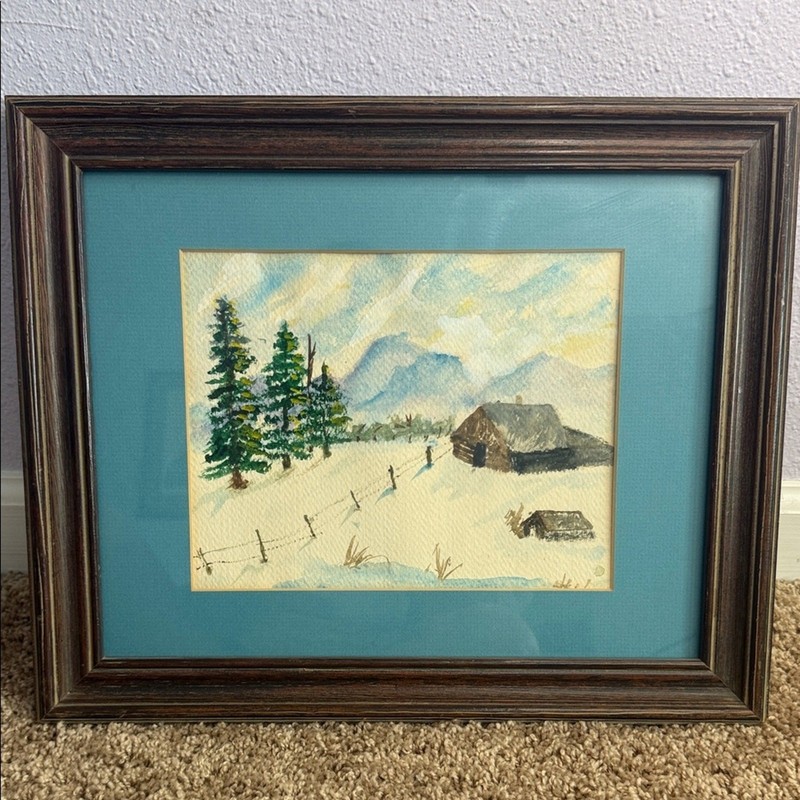 Vintage Watercolor Painting of Winter Landscape Framed Art signed by the Artist