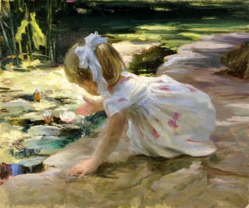 MQ380 Stretched Canvas Frame / Unframed Little Girl Lotus Leaf Oil Painting