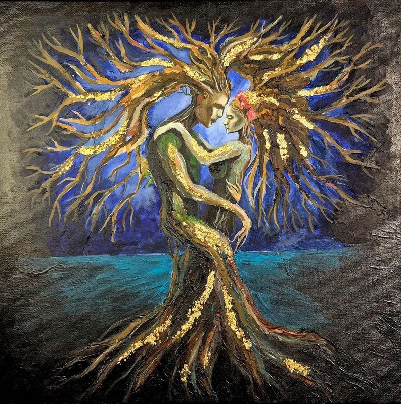 art 746 original acrylic painting 40×40 см/15.74×15.74 in canvas woman man tree