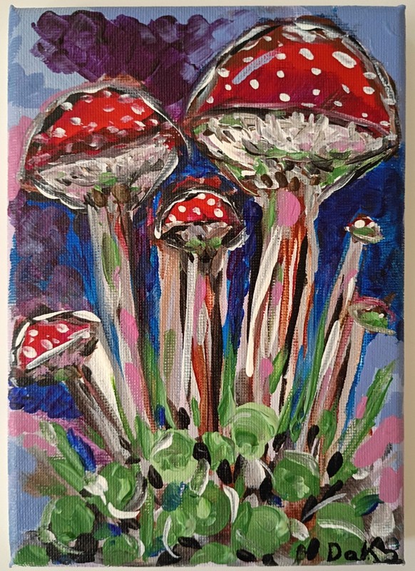 Trippy Mushrooms 5x7 Canvas Original Art Purple Red Abstract Hippie Retro gallery