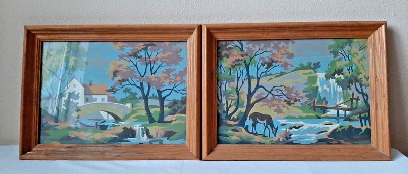 2 Vtg Paint By Number Paintings Woodlands Stream Deer Cottage FRAMED w/Glass MCM