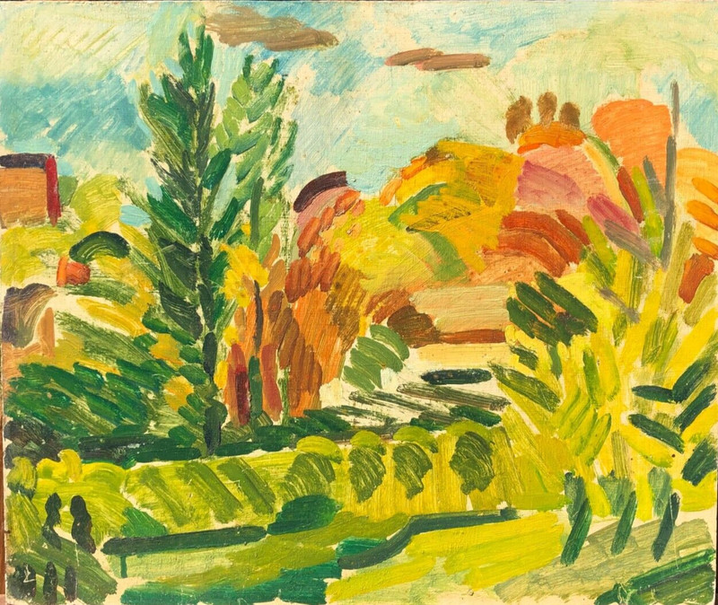 Landscape with Houses Impressionist Oil Painting-17" x 20"-1980s-I.L. Winarsky gallery