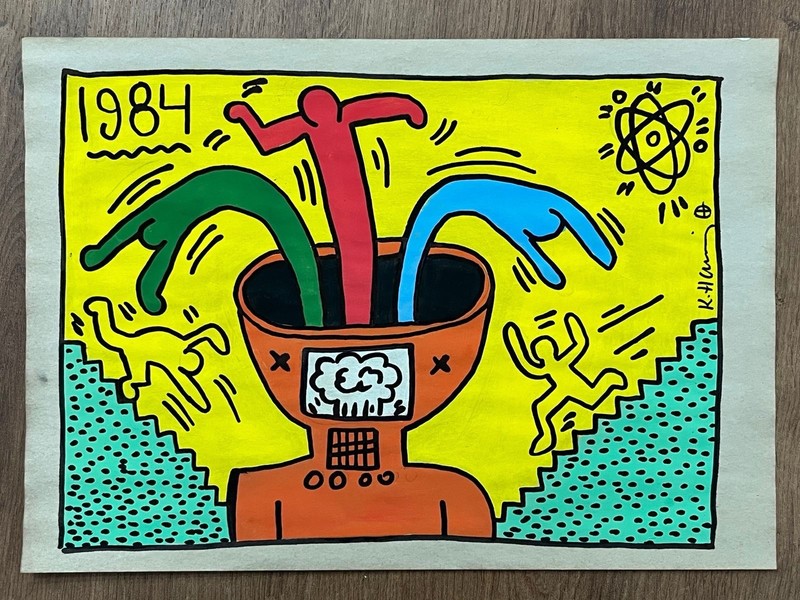 Keith Haring drawing and painting on old paper signed stamped vintage