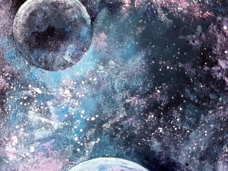 Original painting Space planets galaxy cosmic Blue round canvas 18 inch acrylic gallery