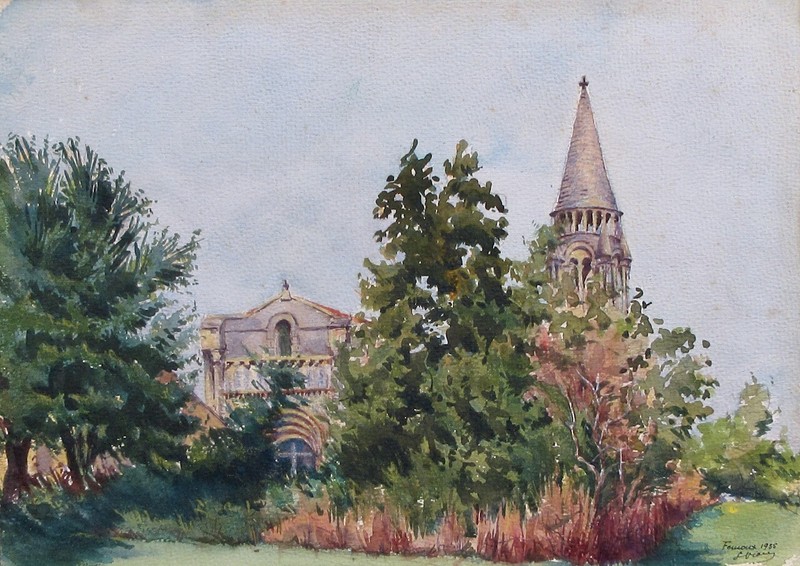 Vintage French Watercolor, Notre-Dame de Fenioux, Romanesque Church, Signed 1935
