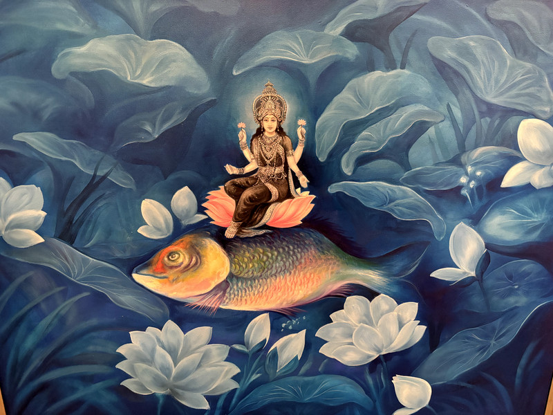 Lakshmi on Rainbow Fish in Lotus Pond Oil Painting Framed Indian Hindu Mythology gallery