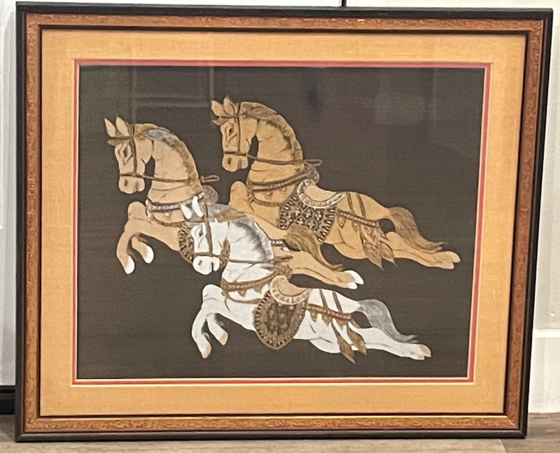 3 CHINESE ASIAN CAROUSEL STYLE HORSES HAND PAINTED ON SATIN SILK CLOTH FRAMED gallery