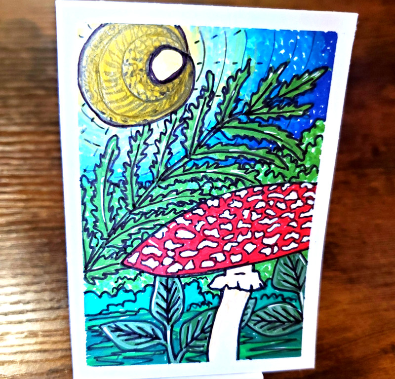 ACEO Original Art Card Forest Landscape mushroom toadstool and moon