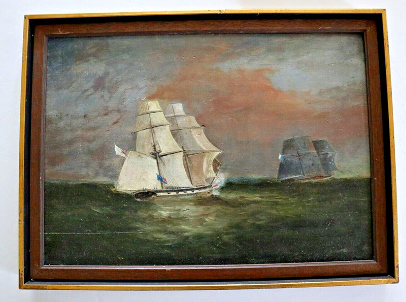 REVOLUTIONARY WAR THOMAS HORNBROOK LISTED ARTIST OIL ON WOOD PANEL BRITISH SHIPS