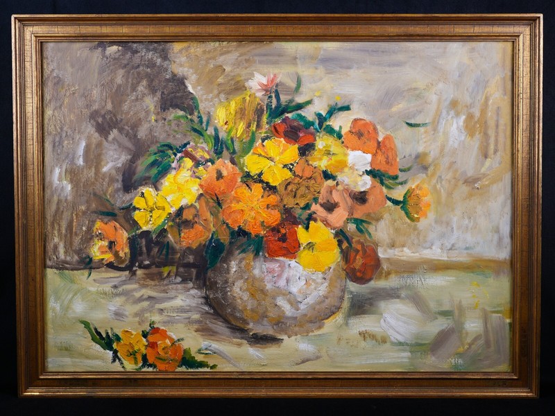 Vintage Framed Original Impressionist Still Life Oil on Canvas «Bouquet Flowers»