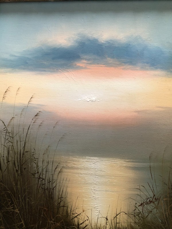 Vintage sunset on beach oil on canvas painting signed H Gailey framed 29x25 in. gallery