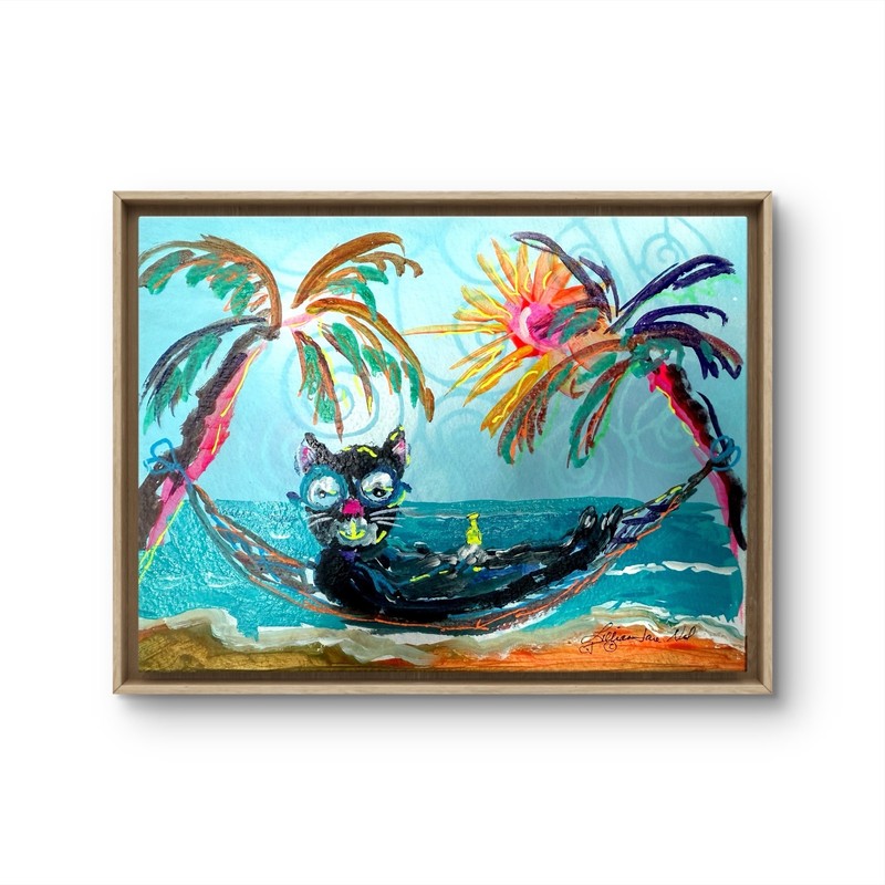 10″x8″ Paper Abstract Beach Cat Original Art Expressionism Design Home Art