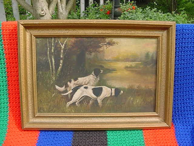 ANTIQUE ‘PAINTING OF TWO POINTERS IN FIELD’ FRAMED OIL ON CANVAS SIGNED