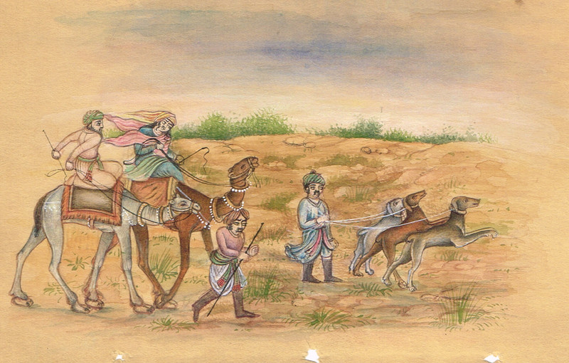 Rajasthani Miniature Old Painting Of King And Queen Riding On Camel 6x3.5 Inches gallery