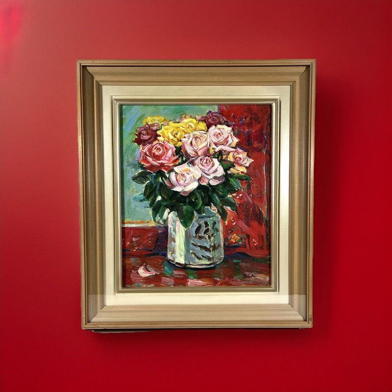 Large Modernist Floral Still Life Oil Painting, Vintage Japanese Oil Painting