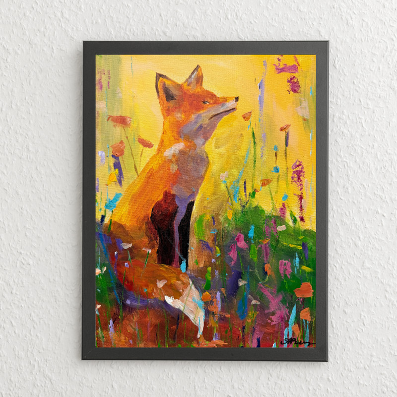 Abstract Expressionism Painting Living Room Wall Art 11x14 Fox in Wildflowers