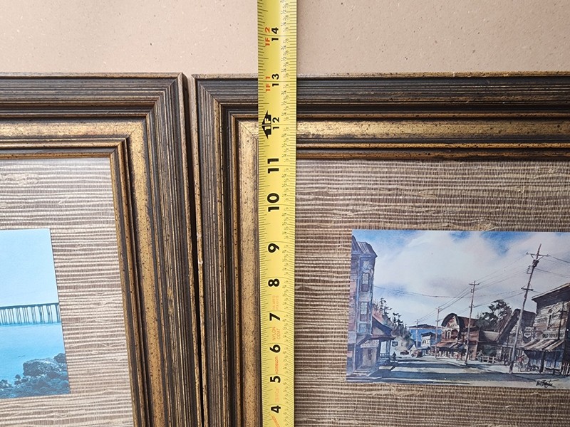 2 Small Card Pictures Framed Pier And Western Town 13" X 15" Burlap Wood Style gallery