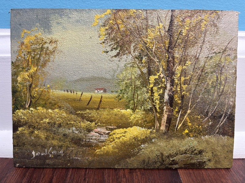 Tree Landscape – Hand Painted & Signed 5×7 Oil Painting on Board 1970-1980