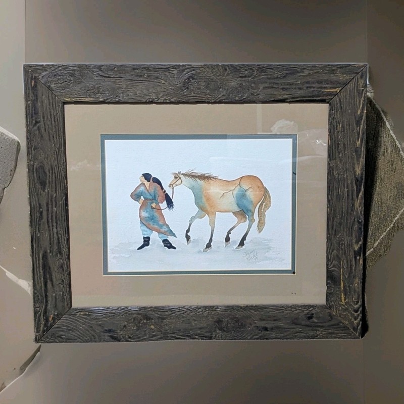 Native American Horse & Rider Watercolor By Sherry Hunt (1995) 21 x 25″ Framed