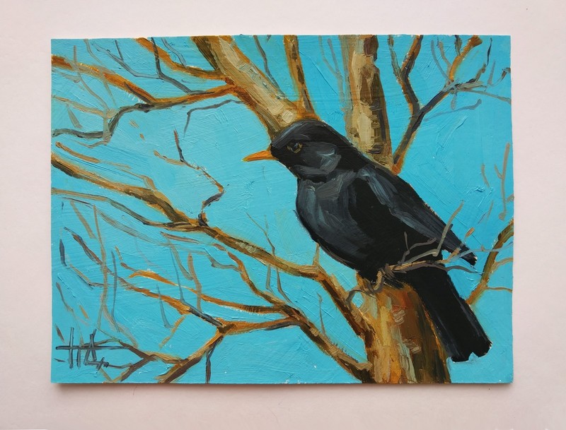 Original Oil Painting Black Bird on Tree Branch 6x8 inches gallery
