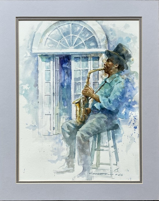 Original Watercolor – Jazz Saxophone Player – Signed E. Passarelli F.W.S.